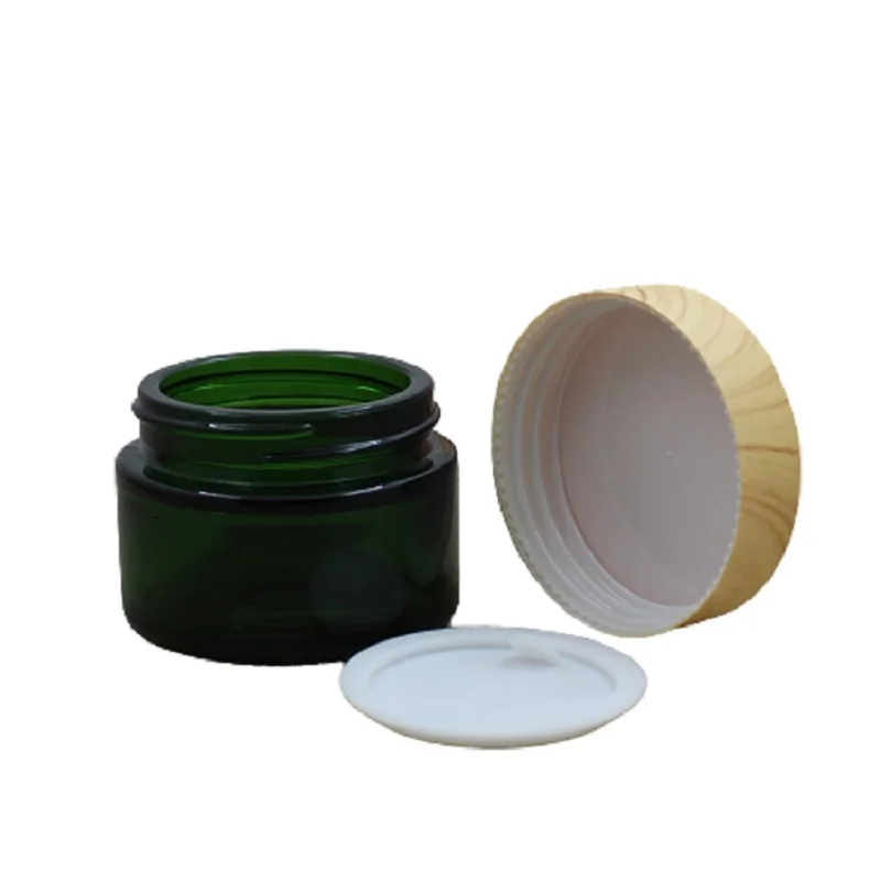 Empty 30G 50G Glass Cream Jar Pots Not Real Wooden Lid Green Skin Care Refillable Cosmetic Face Cream Lotion Container 15pcs