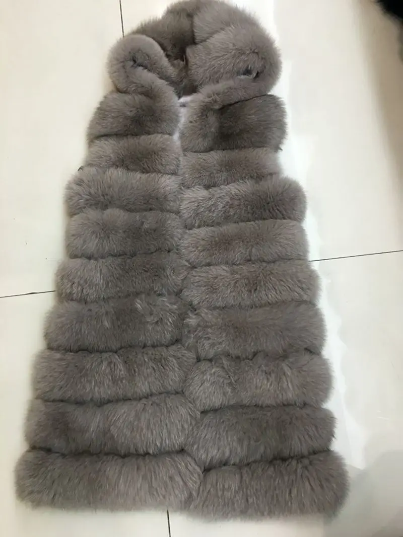 90CM Women Winter Faux Fur Super Long Fur Vest With Hooded Luxury Faux Fox Fur Vest Furry Woman Thick Fake Fur Vest