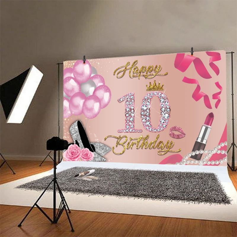 Pink Happy 10th Birthday Backdrop Girls 10 Years Old Birthday Party Glitter Diamond Photography Background For Photo Studio