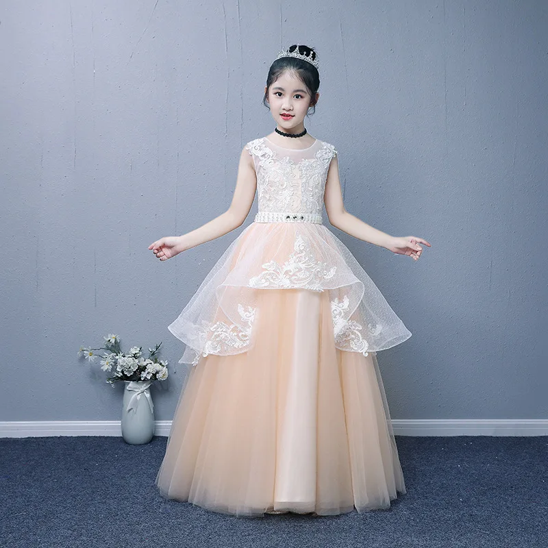 

New Lace Flower Girl Dresses Pageant Applique A Line Sheer Neck Sweep Train Teens Birthday Party Communion Gowns