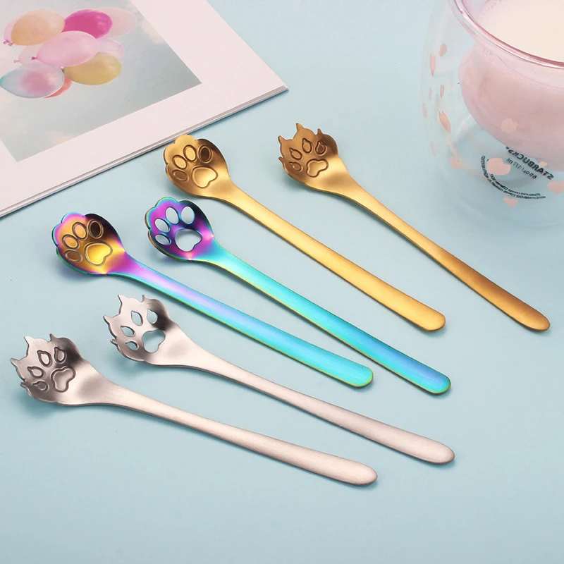 

1PC Stainless Steel Spoon Creative Gold Dog Cat Paw Claw Hollow Spoon Tea Coffee Dessert Cute Kitchen Tool Tableware Mug Supplie