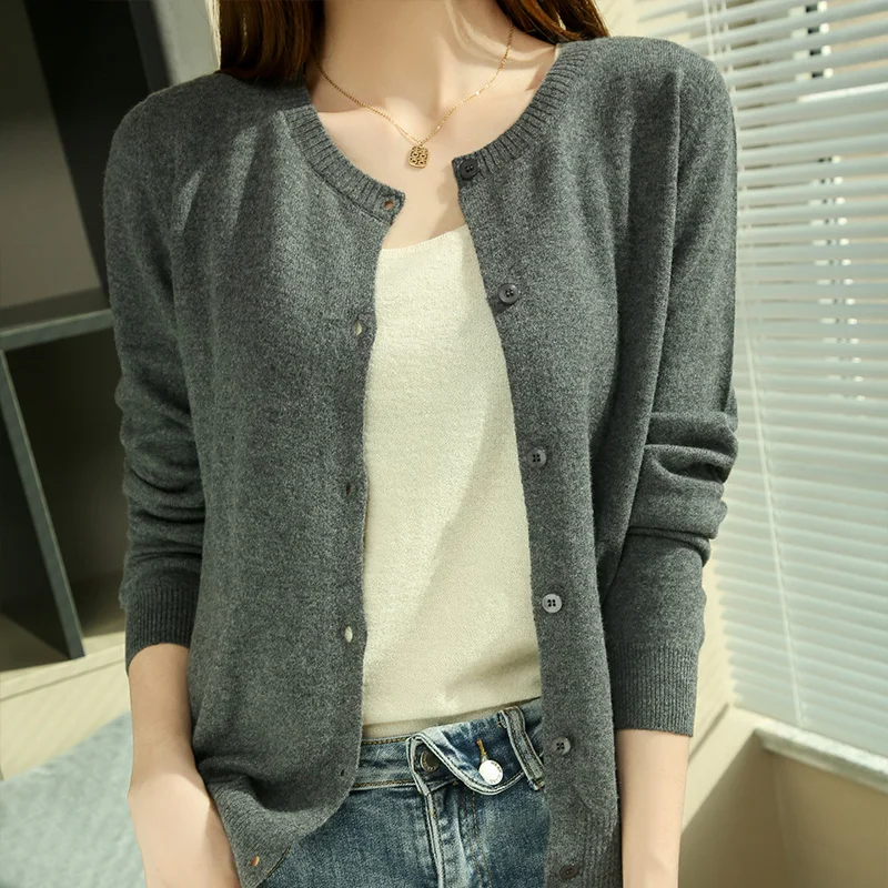 High-End 100% Pure Wool And Wool Women O-Neck Cardigan Sweater 2021 Spring Autumn Warm Girl Clothes Large Size Soft Knitte