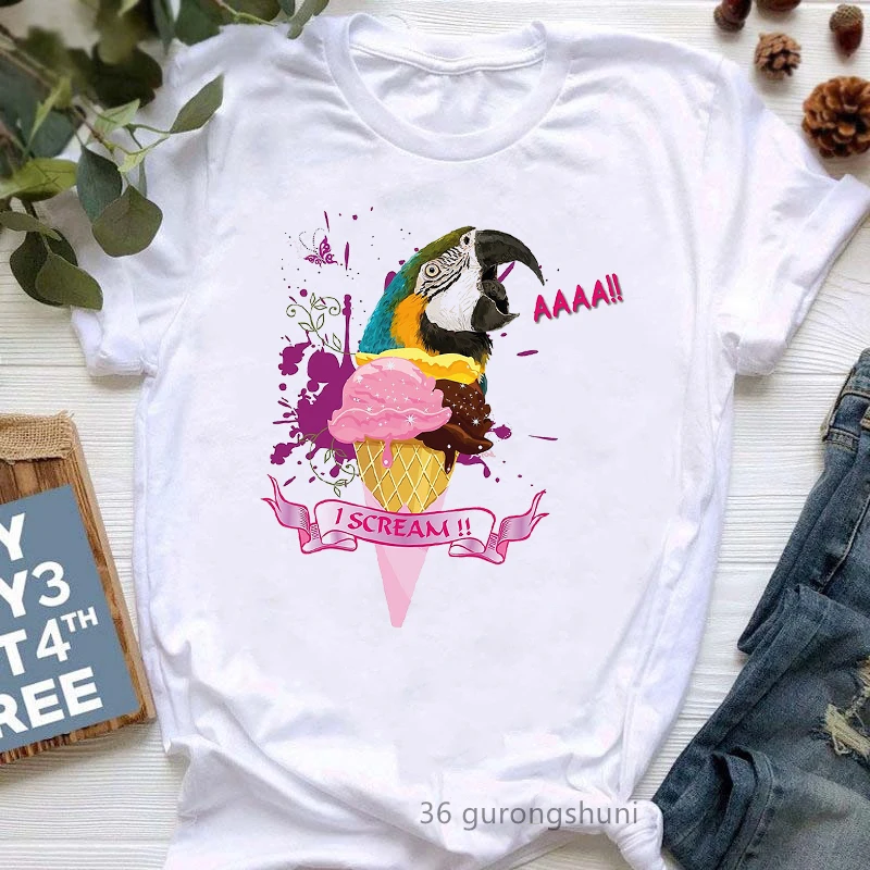 Cockatiel Parrot Love Ice Cream Graphic Print T-Shirt Women\'S Clothing Funny White Tshirt Femme Harajuku Kawaii Clothes Tops