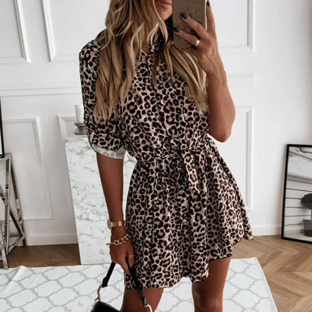 Women Leopard Printed Patchwork Long-sleeved Lapel Collar Shirt Belt Dresses Button Dress Femme Robe Vestidos