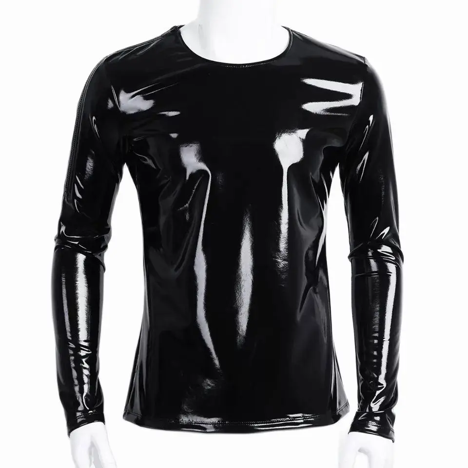 Mens Sexy Glossy PVC Leather Long Sleeve Shirt Erotic Shaping Latex Casual Coat Male Shiny Metallic Patent Leather T-shirts Sexi