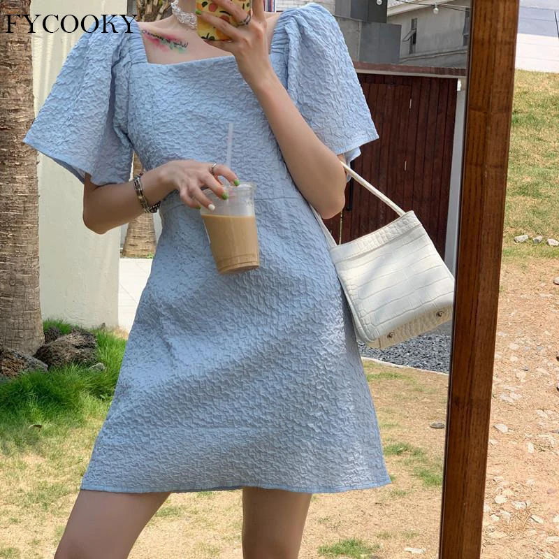 

Mini Dress Women 2021 Summer New Retro Solid Embossed Dress French Square Collar Loose Dresses Office Ladies