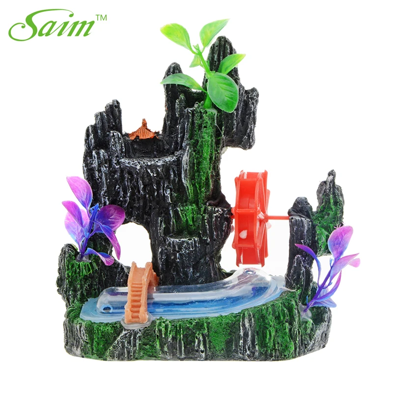 Fish Tank Decorations Rock Waterweed Fish Tank Landscaping Decoration Pneumatic Aerated Waterwheel Hut Aquarium Artificial Gift