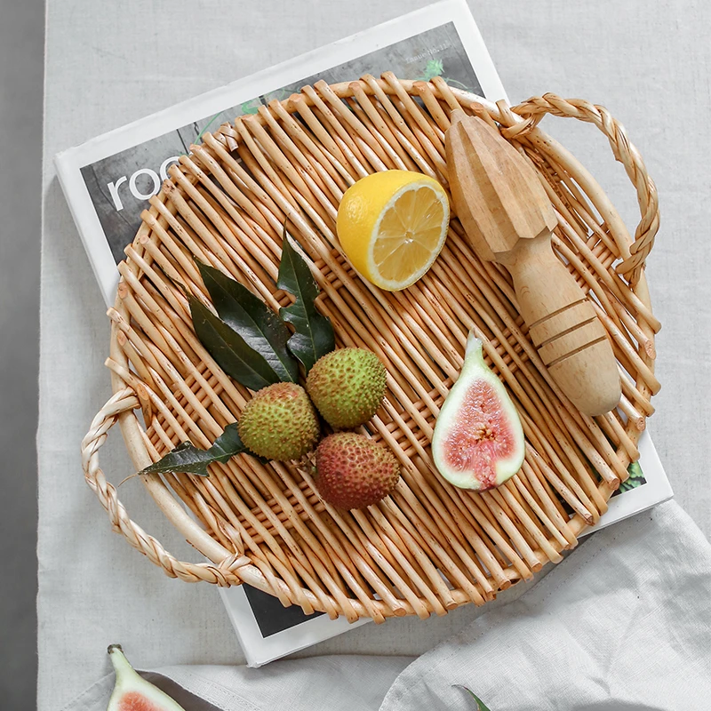 Wicker Fruit Tray Round Rattan Storage Basket Tray With Wooden Handle Bread Fruit Cake Food Plate Kitchen Serving Tray For Home