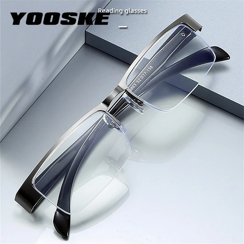 YOOSKE Anti Blue Light Reading Glasses Men Half Frame Resin Aspheric Glasses Presbyopic Eyewear Lenses +1.0 +1.5 +2.0 +2.5