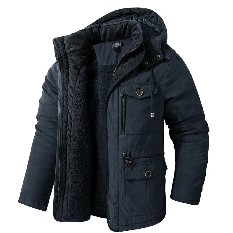 Engrossar masculino casaco de inverno quente cashmere velo interior de algodão acolchoado masculino blusão com capuz outwear algodão parka neve casacos