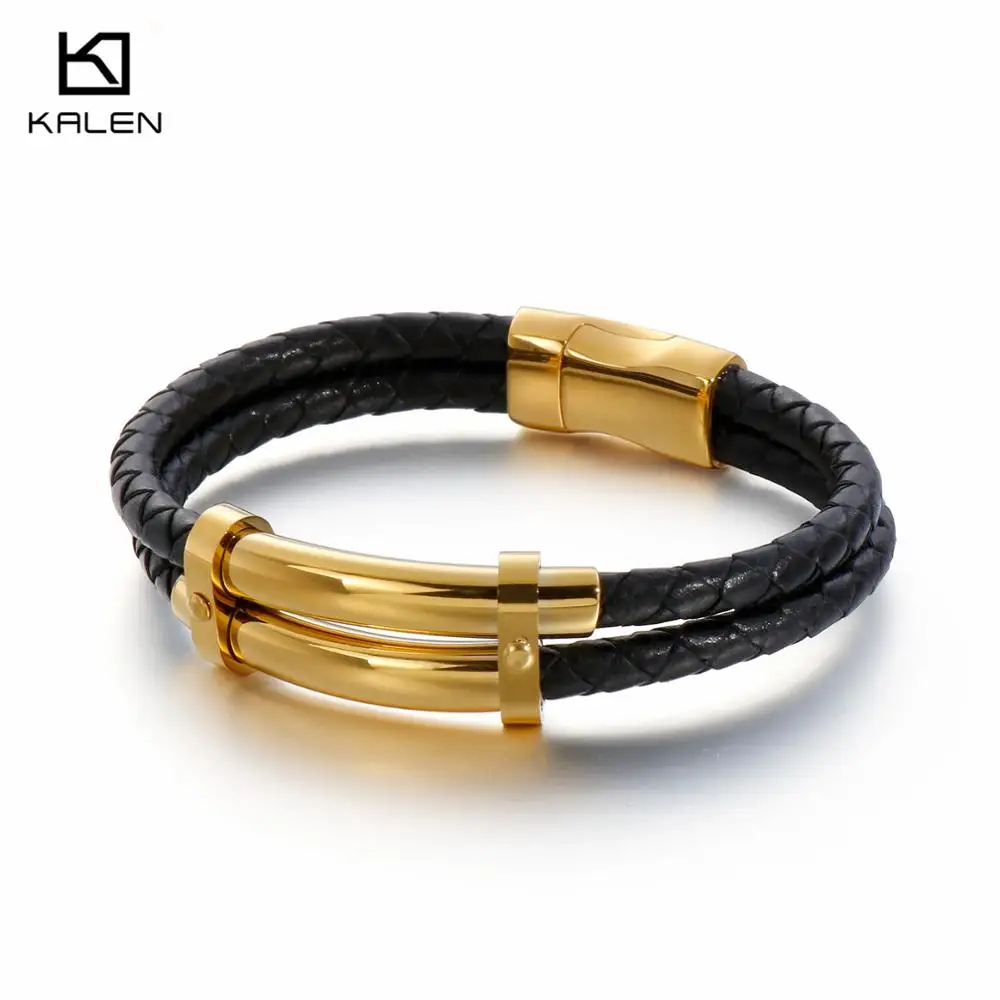 

Vintag 21cm Double-Layered Leather Bracelet Men Stainless Steel Charm Wrap Wristband e Jewelry Accessories