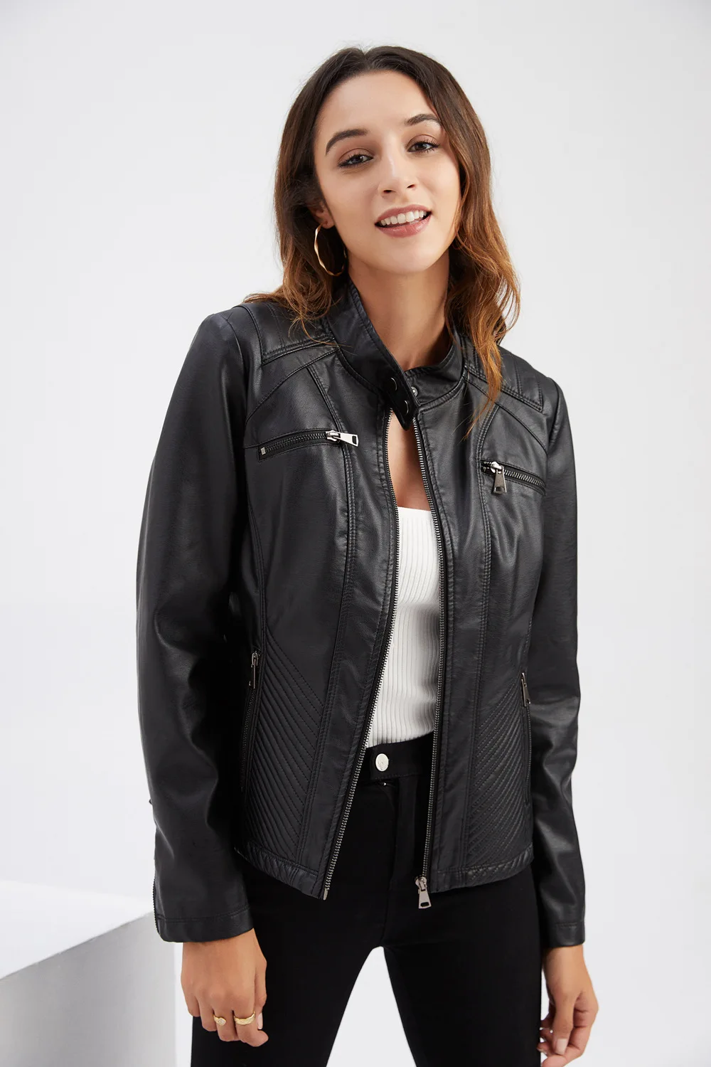 Spring New Casual Women Leather Jacket Stand Collar Slim Fit Short PU Leather Coat Solid Classic Female Outerwear