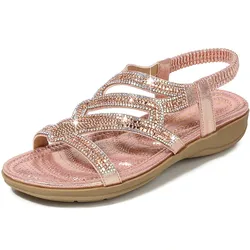 2023 Summer Bohemian Women Sandals Comfortable Wedge Flat Sandals Female Luxury Rhinestones Large Size Beach Women's Shoes New