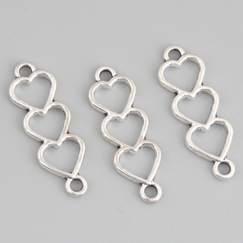 50pcs Silver Color 24x8mm Triple Heart Charms Love Connector Pendant Fit DIY Handmade Metal Jewelry Findings Supplies