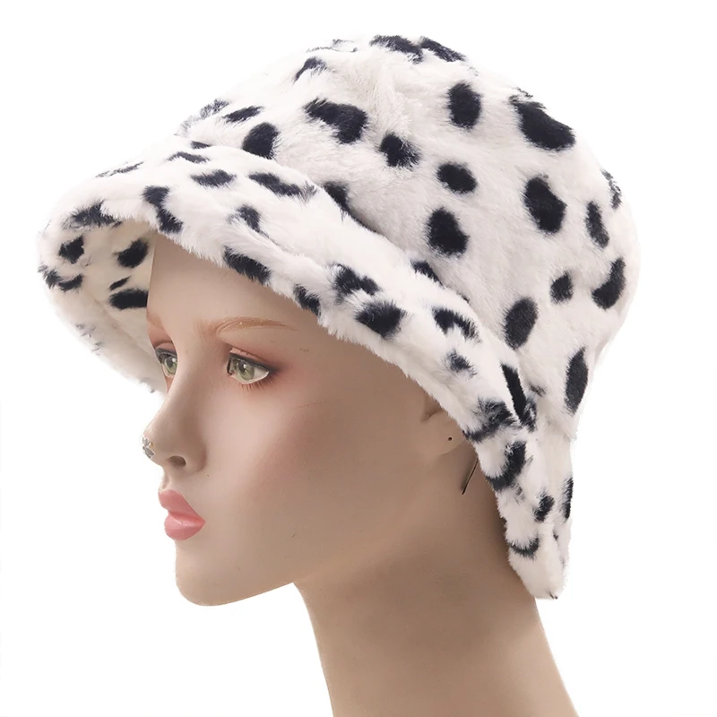 New Winter Leopard Print Faux Fur Plush Bucket Hats For Women Outdoor Warm Sun Hat Soft Velvet Fisherman Cap Lady Fashion Panama