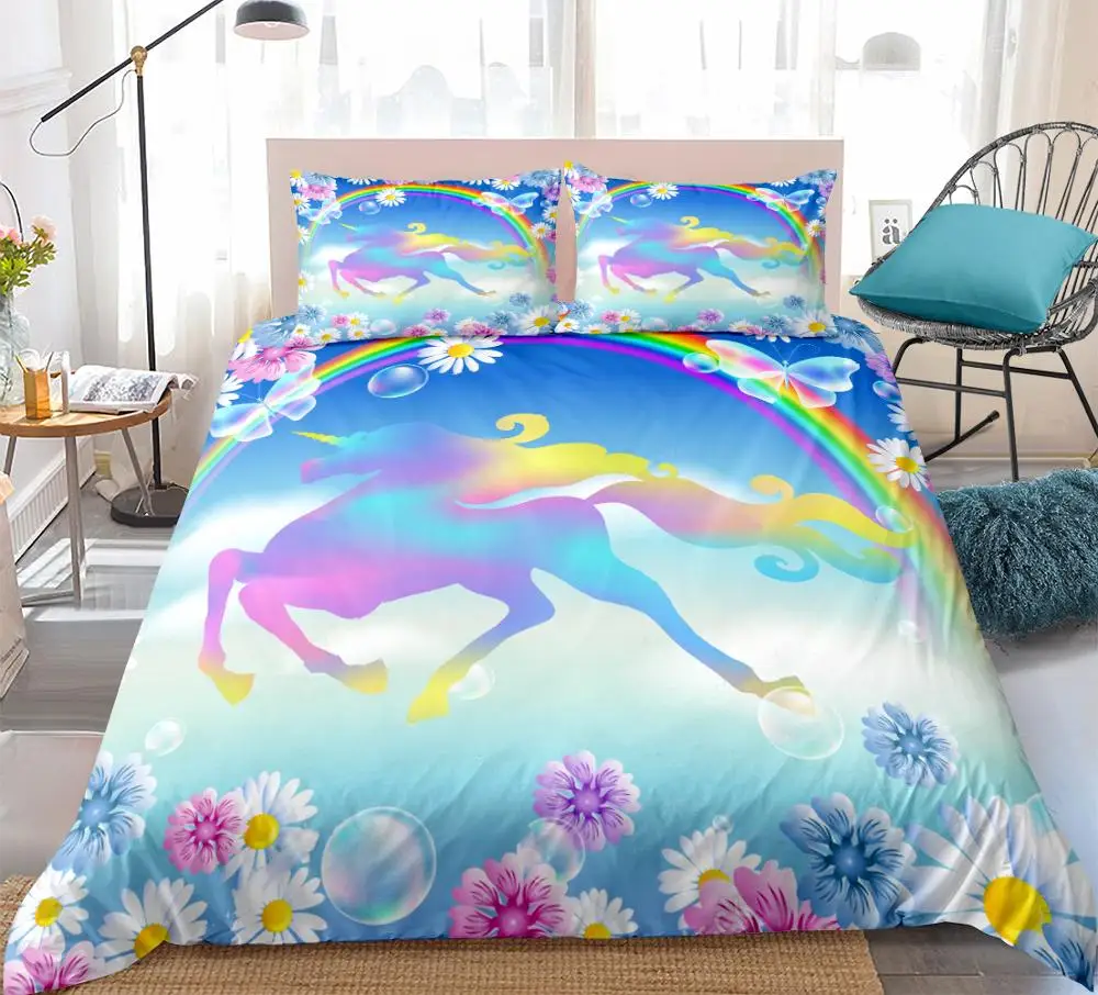 

Unicorn Bedding Set Dreamy Rainbow Bed Cover Kids Girls Bed Set 3pcs Kids Gifts Floral Bedspread Home Textiles