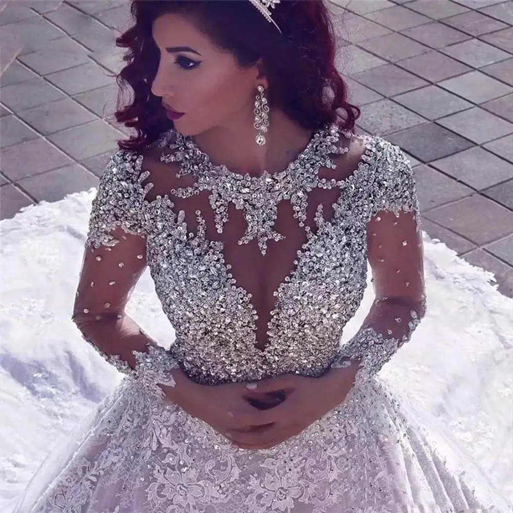 

Custom Made Empire Big Train Lace Crystal Beaded Diamond Luxury Vintage Muslim Wedding Dresses 2024 New Gown