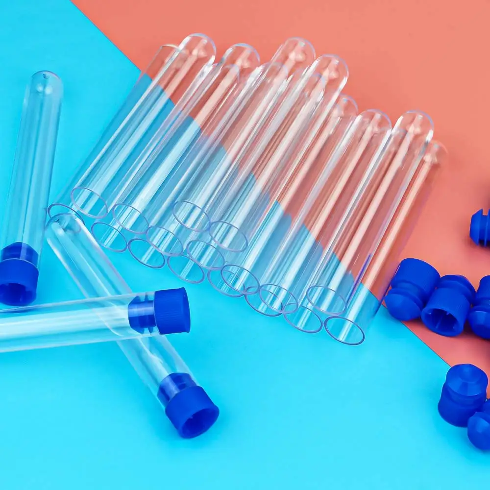 50 Pcs 13ml Clear Plastic Test Tubes with Blue Cap, 16x100mm Vials Container Sample Tubes for Liquid, Scientific Experiments