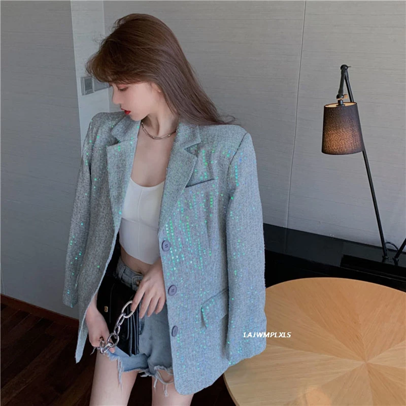 Blazer Korea Musim Semi Musim Gugur 2022 Mantel Blazer Kecil Berpayet Setelan Longgar Baru Wanita Fashion Wanita Pakaian Jalanan XZ69