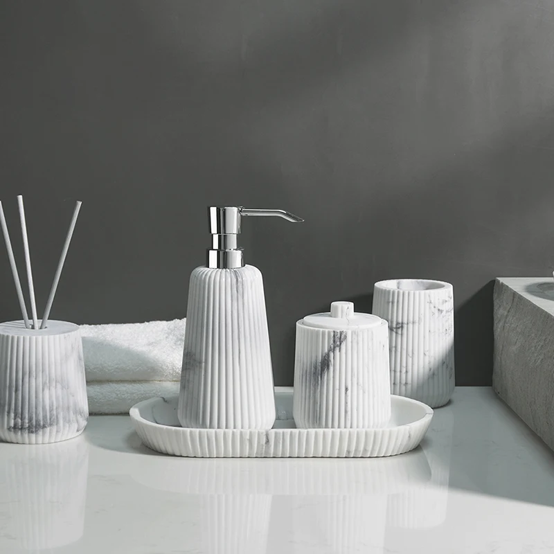 Nordic Sandstone Bathroom Accessories Set Marble Toothbrush Cup Soap Box Shampoo Dispenser Cotton Swab Can Incense Diffuser Tray