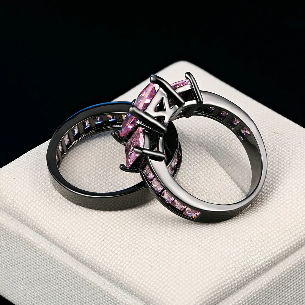 Double Fair Luxury Square Cut Black Gold Color Pink Crystal Finger Ring Sets Fashion Brand Punk Style Jewelry For Women DFDD002