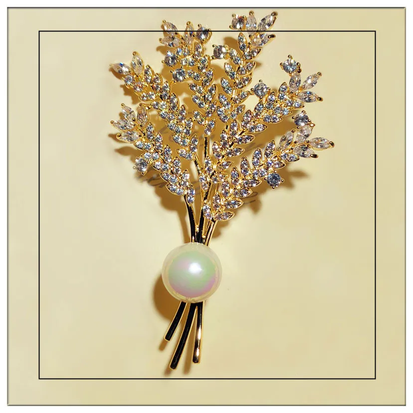 Vintage Jewelry Brooches For Women Wheat Cubic Zirconia Fine Brooch Luxury Imitation Pearls Corsage Pins Cardigan Button