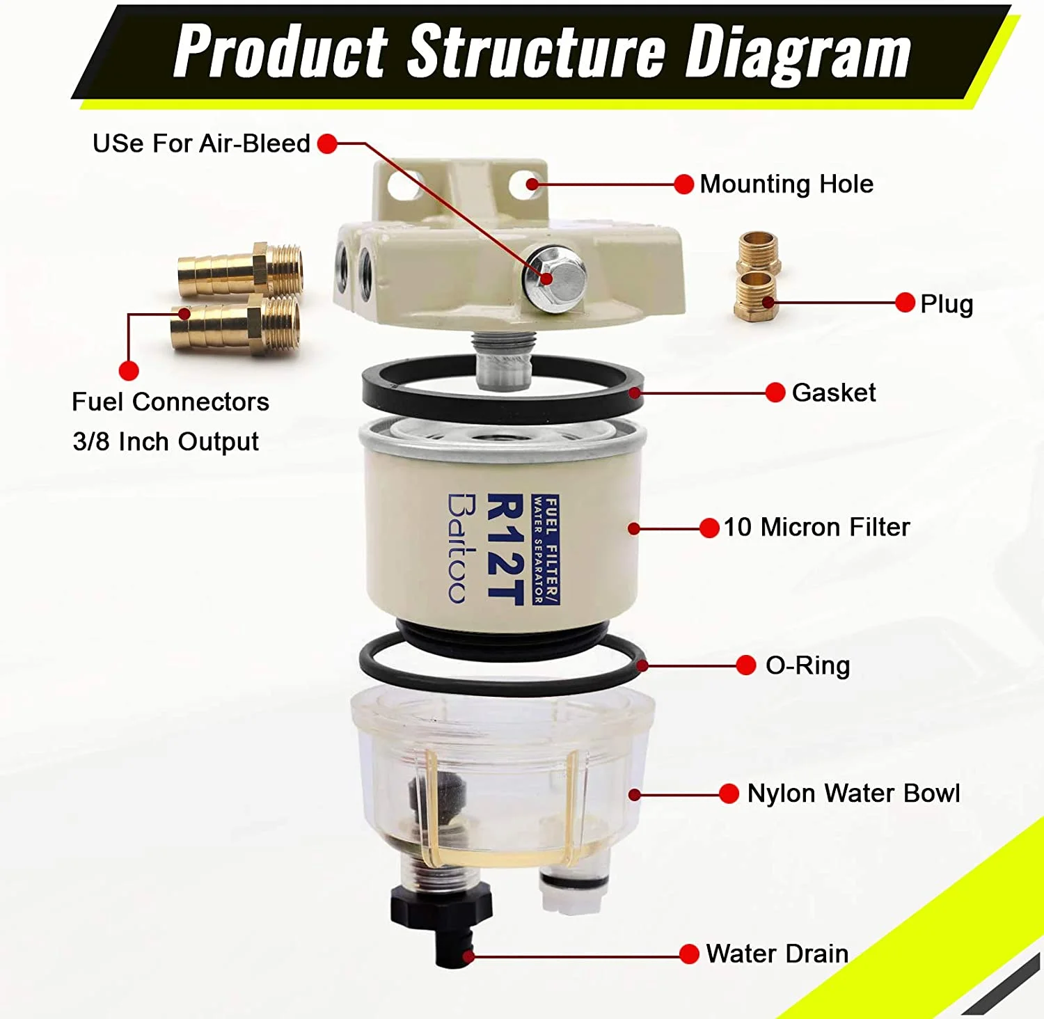 R12T Fuel Filter Water Separator Complete Kit - Marine SPIN-ON R12T Filter Replaces S3240 120AT NPT ZG1/4-19 Fit 3/8 Inch NPT Ou