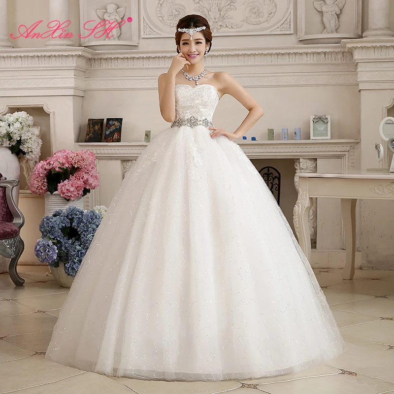 AnXin SH flower lace white vintage strapless beading crystal sleeveless flower ball gown big bow customized wedding dress