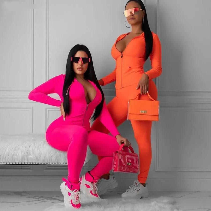 new neon pink orange two pieces set women fitness sportswear 2021 autumn long sleeve skinny tops elastic leggings tracksuit