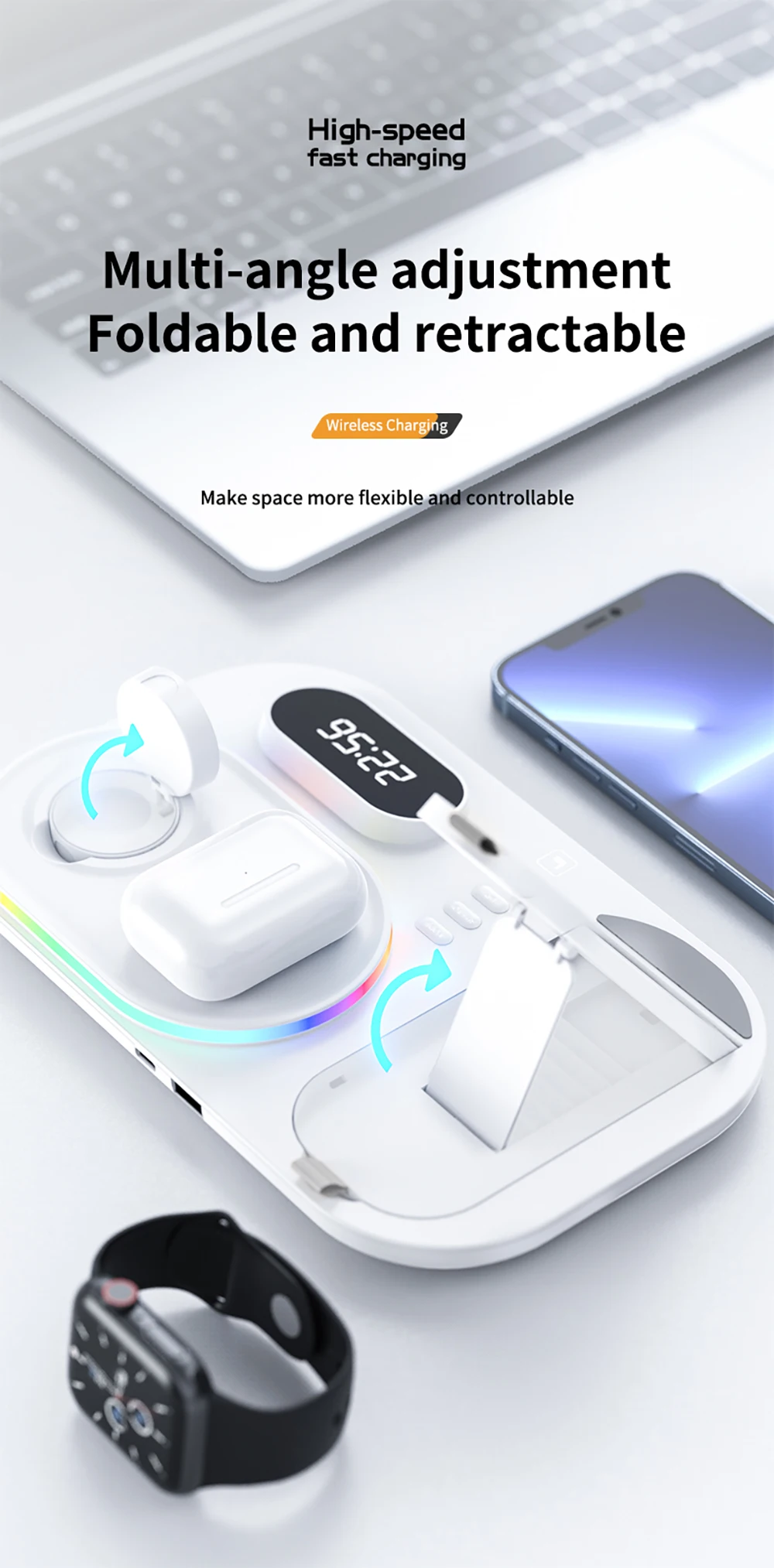 Kabelloses Ladegerät 4-in-1 Schnelle Kabellose Ladestation für iPhone 15 16 17 Pro Max Apple Watch Kabelloses Ladegerät mit Lampe und Uhr – Detail 10