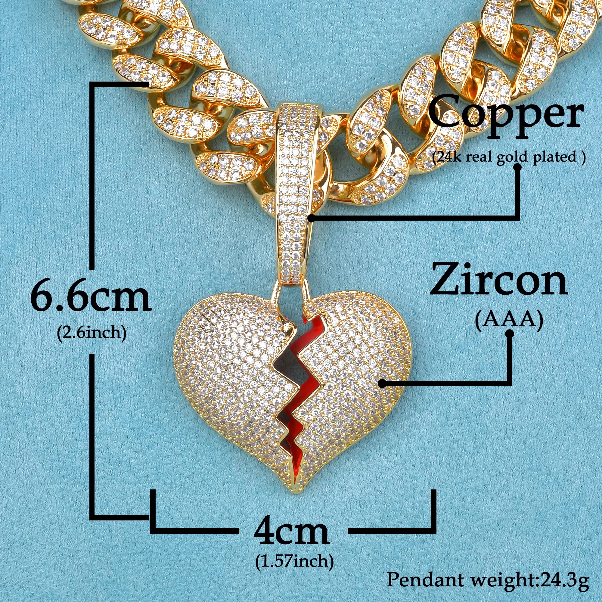 Drip Letter Broken Heart Necklace for Men Real Gold Plated Hip Hop Fashion Jewelry Dropshipping 2022 Best Selling Products