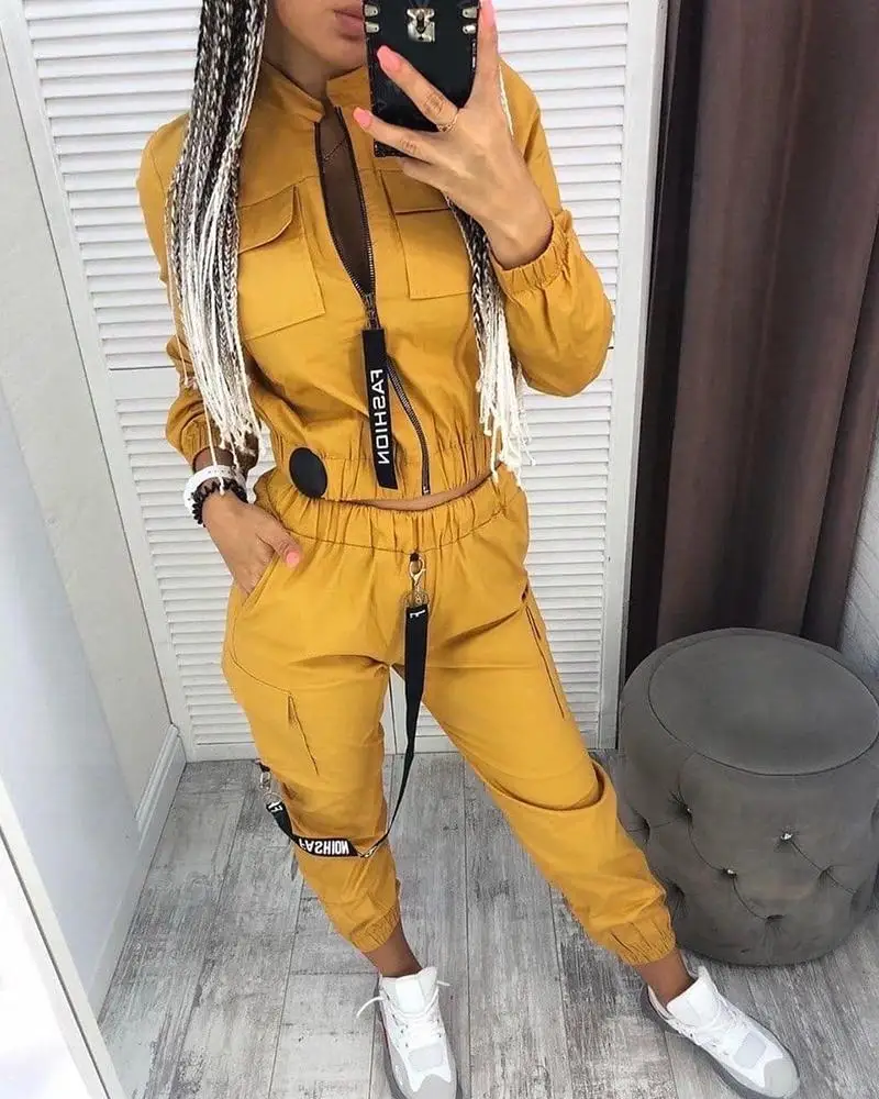 2023 Women Clothing Zipper Sports Suit Hot Sale Street Casual Slim Spring Summer Army Green Jacket Trousers Fashion 2 Piece Set