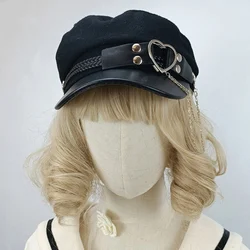 Gothic Punk Military Hat Lolita Sailor Harajuku Style Bead Chain Hat JK Girls Heart Black Beret Women Flat Top Caps