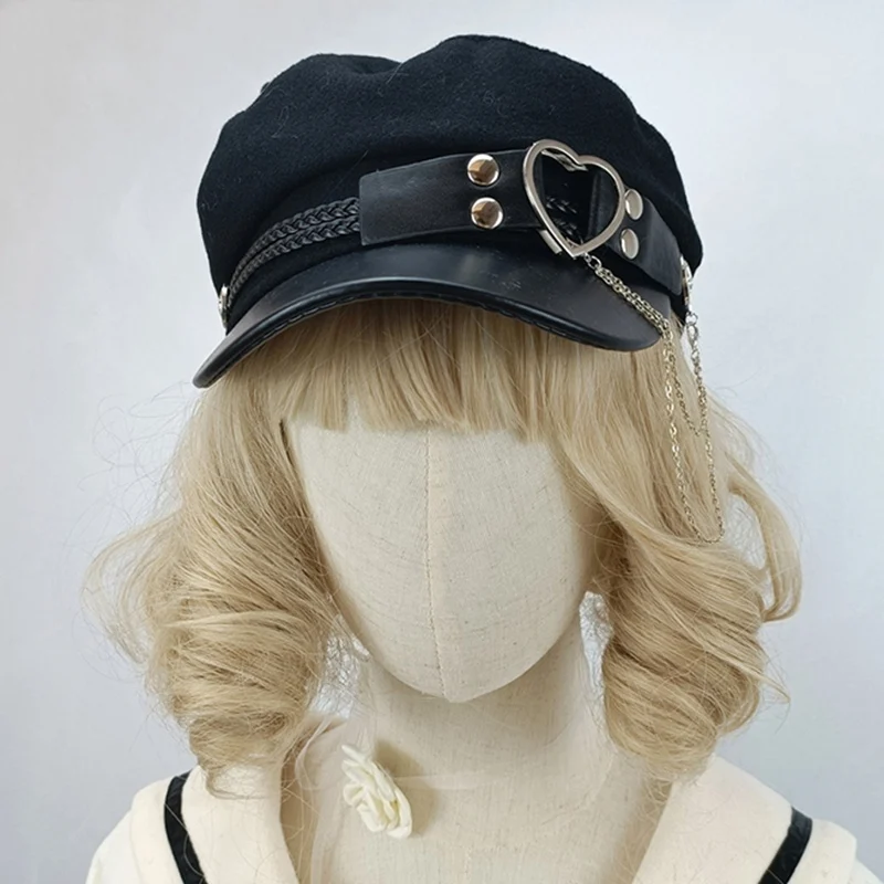 Gothic Punk Military Hat Lolita Sailor Harajuku Style Bead Chain Hat JK Girls Heart Black Beret Women Flat Top Caps