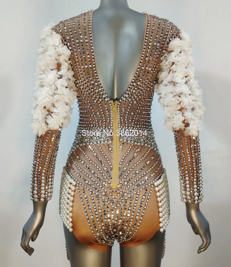 Luxury Pearls Rhinestones Flower Sleeve Bodysuit Women Sexy Singer Performance Stage Jazz Dance Costume Birthday Party Club Wear