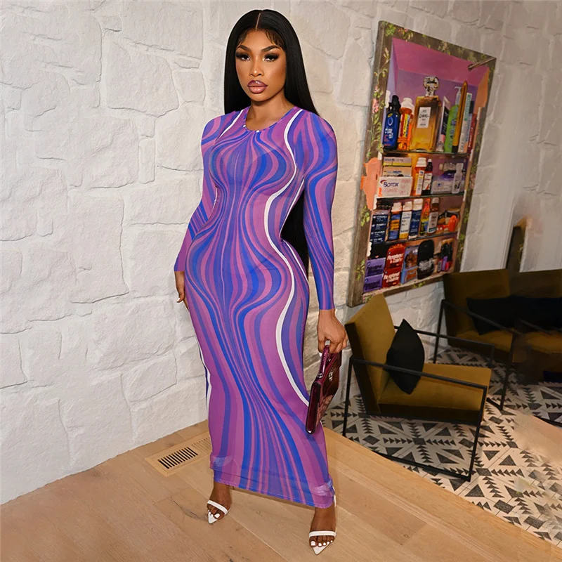 Sexy Sheer Mesh Party Maxi Dress Women Club Wear Birthday Outfits Striped Print Bodycon Dress Midnight Long Dress Robe Longue