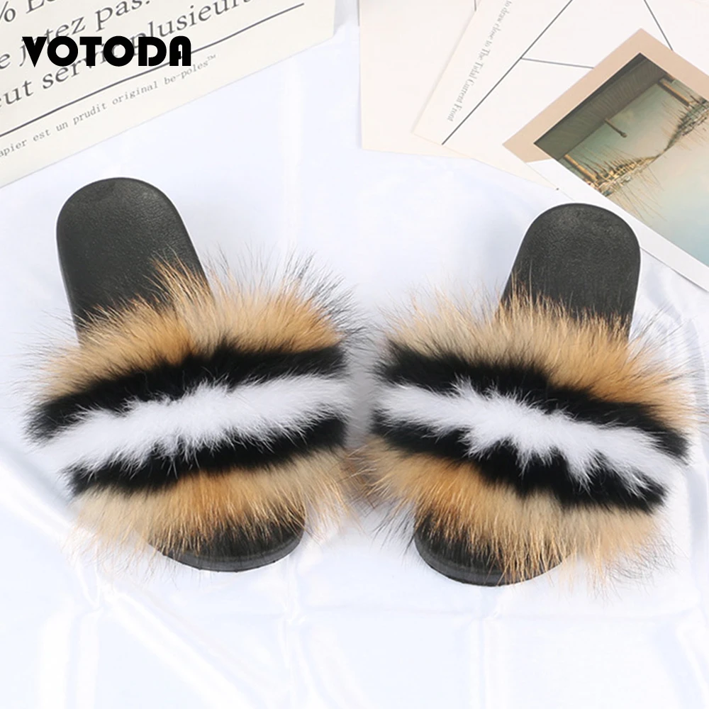 Fur Slippers Women Real Fox Fur Slides Indoor Flat Flip Flop Casual Raccon Fur Sandals Furry Plush Shoes Cute Fluffy House Shoes