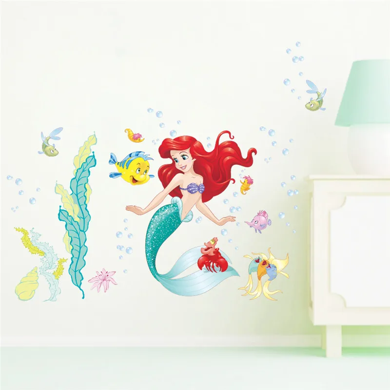 Cartoon princess Mermaid Ariel Princess  Fish Bubble Wall Stickers For Kids Room Home Decoration Diy Mural Art Girls Wall Decals