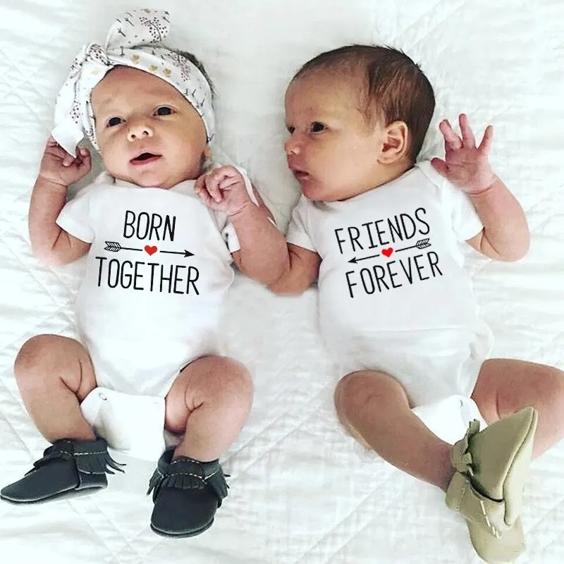 

1Pc Born Together and Friends Forever Baby Summer Short Sleeves Rompers Casual Twins Baby Bodysuits Toddler Cute Ropa