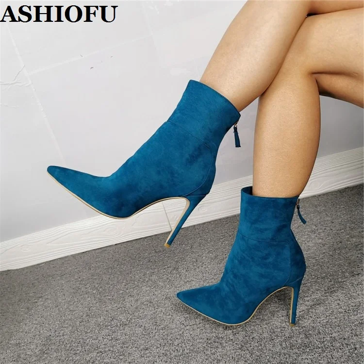 ASHIOFU Handmade Women's Stiletto Heels Boots Faux-suede Real Photos Pointy Party Prom Ankle Booties Large Size Fashion Boots