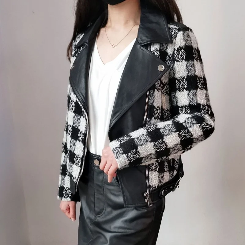 Genuine Fashion Leather Motorcycle Jacket Women Patchwork Tweed Short Coat Long Sleeve Zipper Street Casual Ladies Plaid Jackets