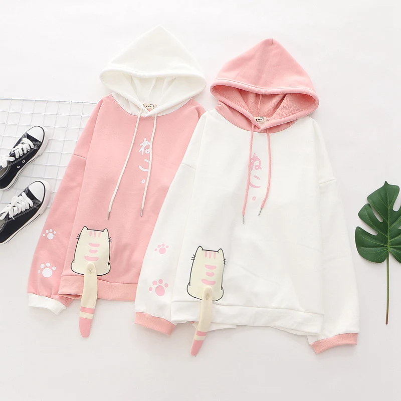 Kawaii Anime Women Pink Hoodies Teens Winter Fleece Warm Soft Girl Cute Cat Tail White Hooded Sweatshirt Female Pullover 2020