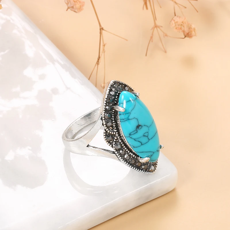 Kinel Natural Stone Vintage Rings For Women Simple Blue Big Stone Inlaid Rhinestones Boho Ethnic Jewelry Tibetan Silver Rings