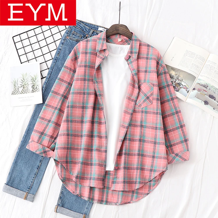 2024 New Cotton Plaid Shirts Women Casual Loose Tops And Blouses Ladies Long Sleeve Large Size One Pocket Blouse Blusas