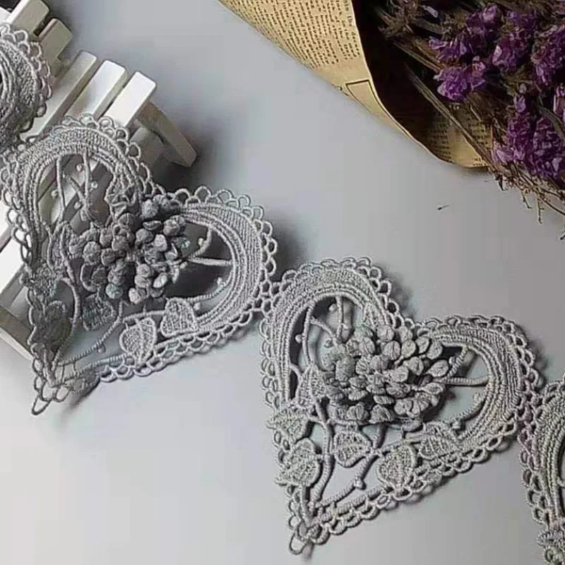 

2 Yard Gray 3D Heart Cotton Flower Lace Trim Embroidered Lace Ribbon Handmade Wedding Dress Patchwork Sewing Supplies Craft New