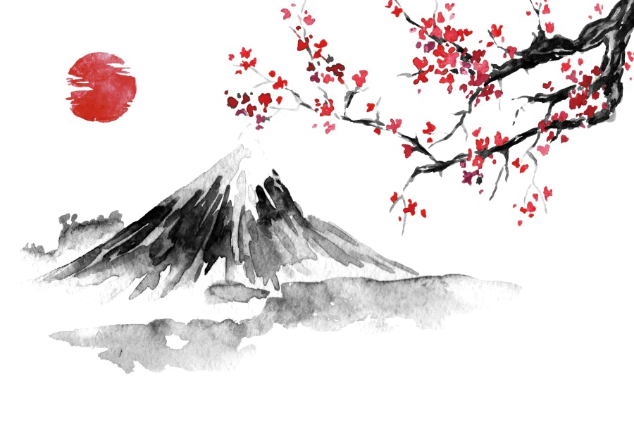 Laeacco Ink Painting Japan Mount Fuji Red Sun Cherry Blossom Room Decor Backdrop Photographic Photo Background For Photo Studio