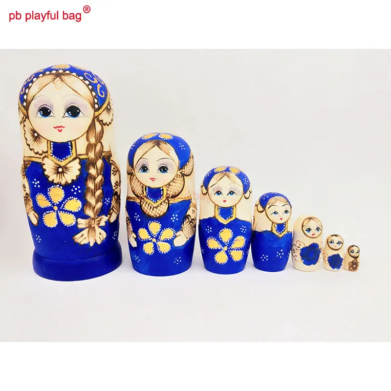 PB Playful bag Seven layer blue braided girl Russian Dolls Wooden children's toy set Crafts lovers birthday gift HG32