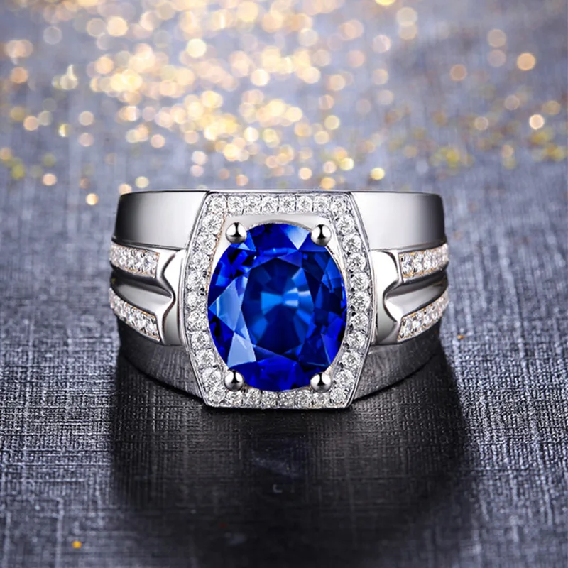 Fashion Simple Four Claw Oval Crystal Ring Aggressive Men Inlay Blue Zircon Ring Trend Men's Nightclub Party Jewelry Accessories