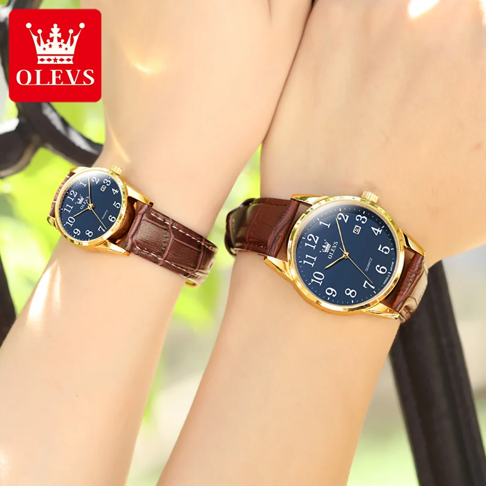 OLEVS-Reloj de pulsera de cuarzo azul para hombre y mujer, cronógrafo de lujo, sencillo, informal, con fecha, resistente al agua, regalo para pareja, 5566