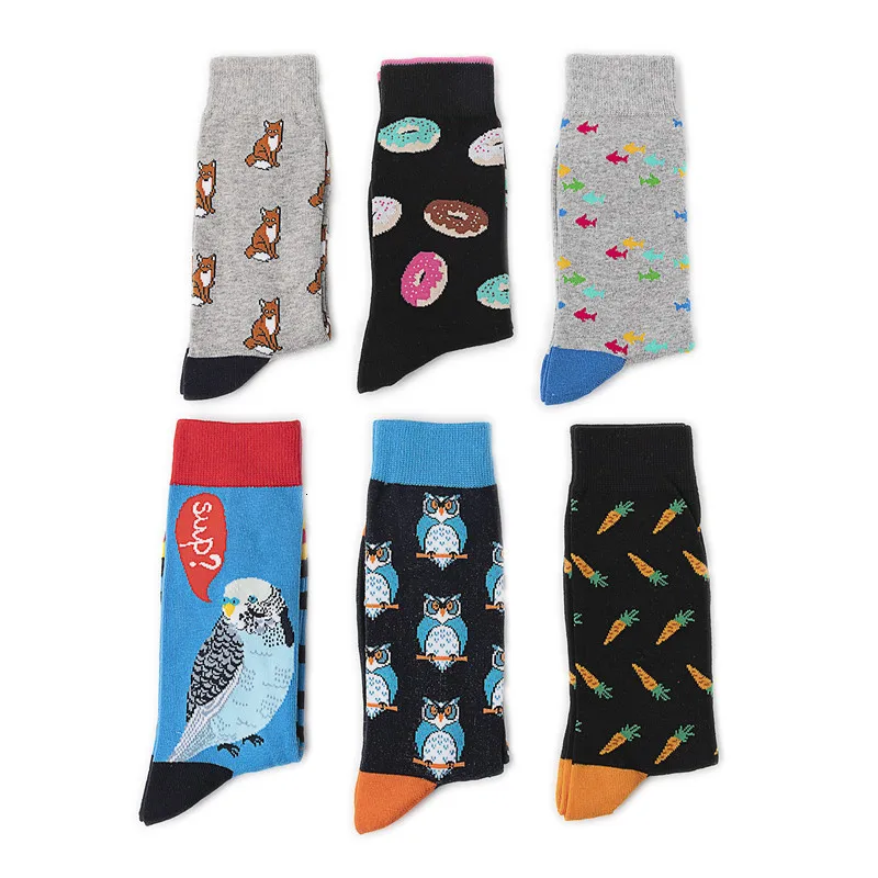 Fashion Harajuku Hip Hop Street Trend Men Combed Cotton Socks Creative Owl Fox Doughnut Novelty Pattern Happy Casual Skate Socks